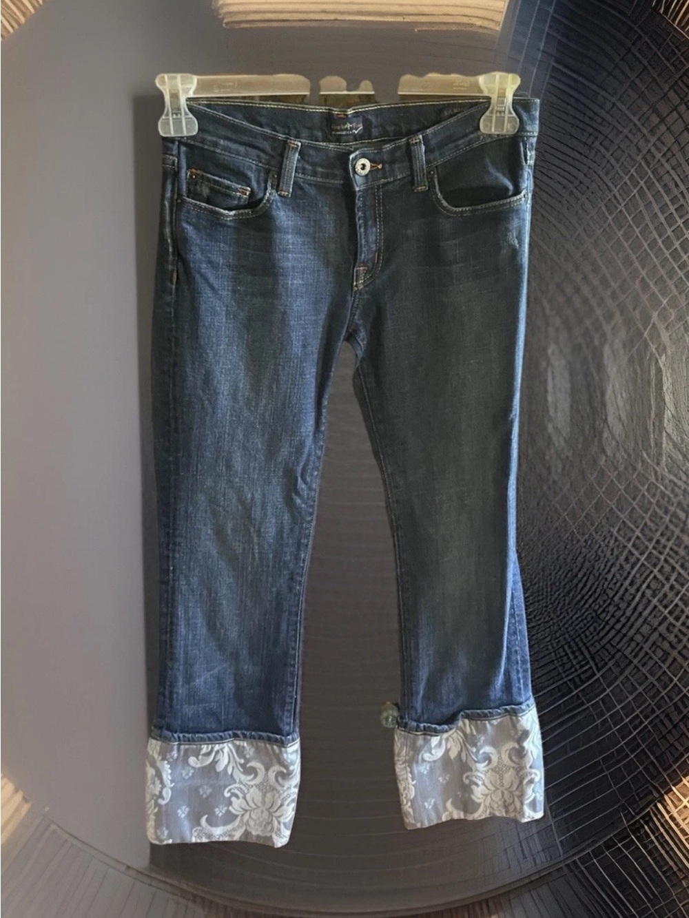 People's Liberation Dark Blue Cropped Jeans with Lace-Patterned Cuffs